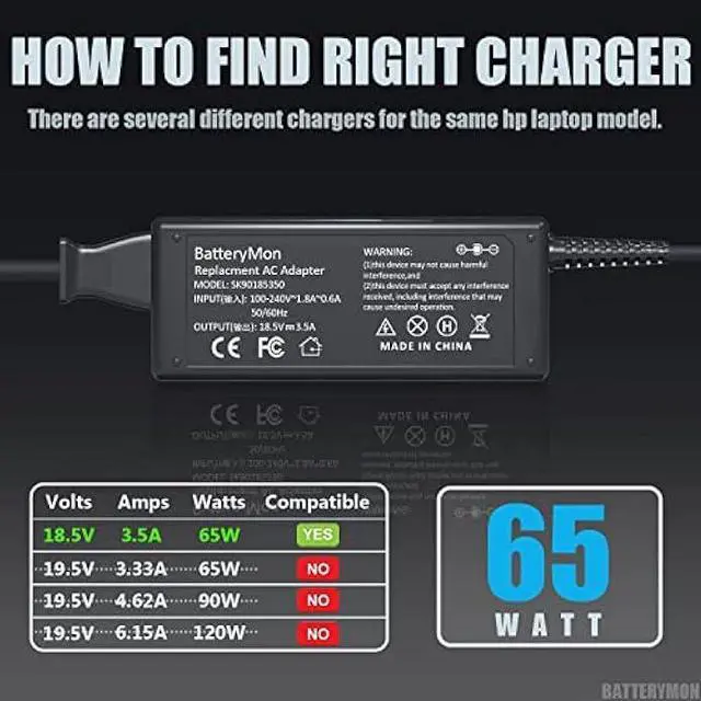 Alt view image 2 of 6 - 65W AC Adapter Laptop Charger Compatible with HP Pavilion DV9700 DV9500 DV9000 DV8000 DV7000 DV6700 DV6500 DV6000 DV5000 DV4000 DV2000 DV1000, Compaq Presario 510 515 520 610 A900 C700 F500-18.5V3.5A