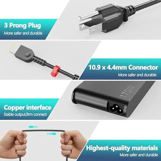 Alt view image 3 of 6 - Slim 170W Charger Fit for Lenovo Legion Slim 5 5i Yoga Pro 9i Lenovo ThinkPad P1 P16 IdeaPad Pro 5 Lenovo LOQ ADL170SCC3A 4X20S56697-20V 8.5A ac Adapter Laptop Power Supply