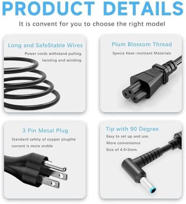 Alt view image 5 of 6 - 65W Laptop Charger Compatible with HP Pavilion x360 14 15 17 Envy 13 15 X360 Elitebook 840 G5, Compatible with Zbook 14u G4 G5 15u 15 G3 ProBook Chromebook Spectre Power Cord (4.5x3.0mm)