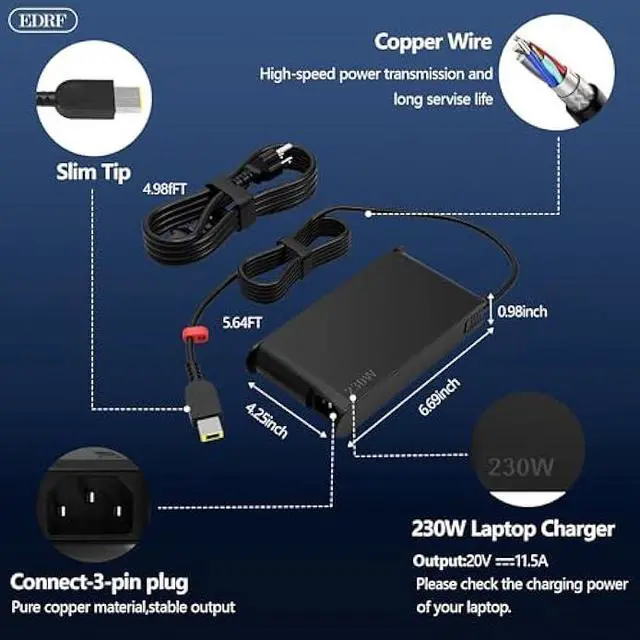 Alt view image 3 of 5 - New 230W Legion 5 Charger Compatible with Lenovo Legion Slim 5 5i 5P 7 S7 C7 Y920 Y740 Y720 Y545 R720 Y7000 ThinkBook 16p Thinkpad P51 P52 P53 P70 P71 P72 P73 Laptop Power Adapter