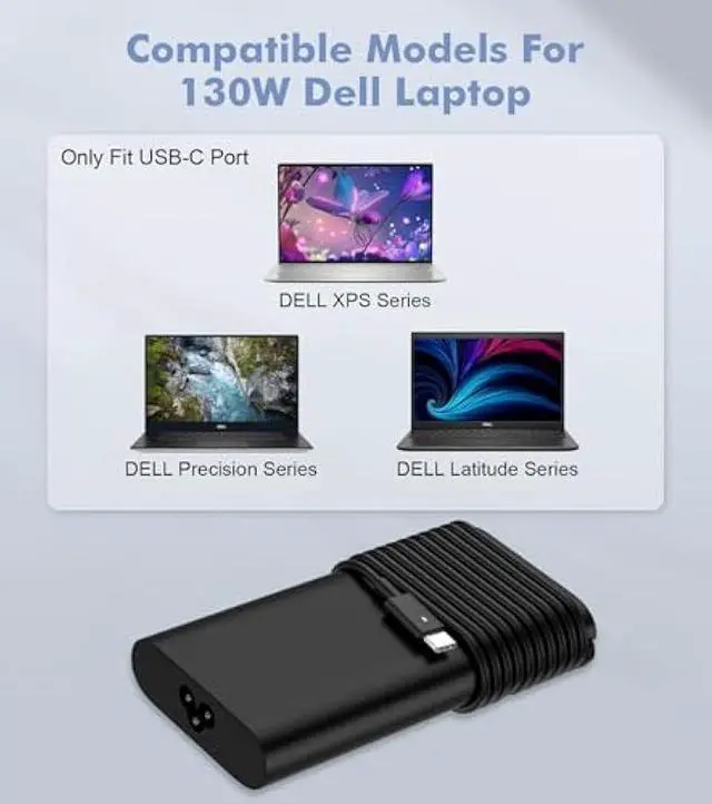 Alt view image 4 of 6 - Slim Adapter Replacement for Dell 130W Laptop Charger USB C - XPS 15 17 7590 9500 9510 9700 Precision 3550 3560 3561 5510 5520 5540 5550 5560 5570 Latitude 7210 7310 7410 Type C Computer AC Power Cord