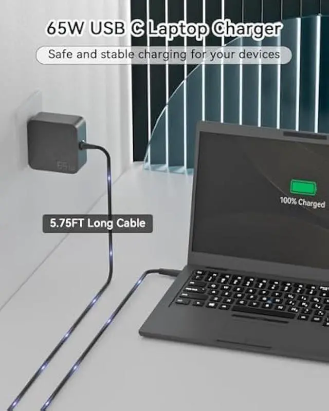 Alt view image 2 of 7 - AKELON 65W USB C Laptop Charger for Lenovo Thinkpad Yoga HP Elitebook Spectre Dell Latitude MacBook Pro ASUS Chromebook Samsung 20V 3.25A Type C PD Wall Fast Power Adapter