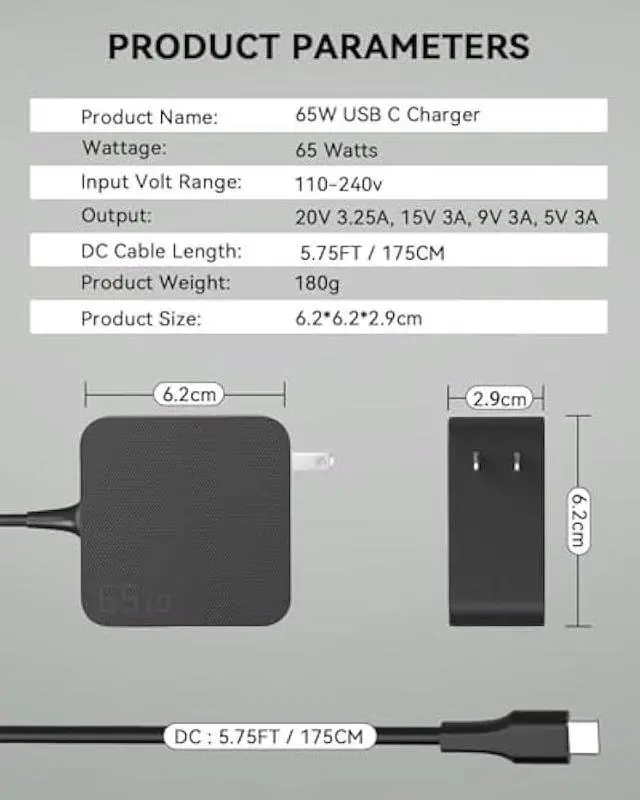 Alt view image 6 of 7 - AKELON 65W USB C Laptop Charger for Lenovo Thinkpad Yoga HP Elitebook Spectre Dell Latitude MacBook Pro ASUS Chromebook Samsung 20V 3.25A Type C PD Wall Fast Power Adapter