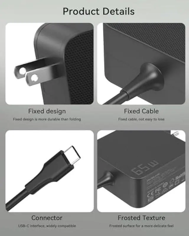 Alt view image 5 of 7 - AKELON 65W USB C Laptop Charger for Lenovo Thinkpad Yoga HP Elitebook Spectre Dell Latitude MacBook Pro ASUS Chromebook Samsung 20V 3.25A Type C PD Wall Fast Power Adapter