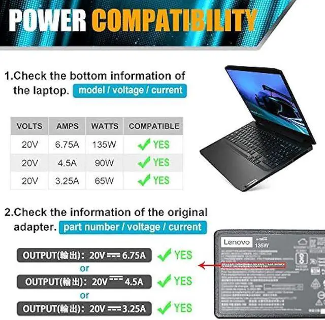 Alt view image 3 of 7 - 135W 20V 6.75A AC Adapter Charger Compatible with Lenovo Thinkpad T440P T450P T460P T470P T530 T540 T560 ideapad Z710 Y40-70 Y50-70 Y50-70AM-IFI Y70-70 Y700 ADL135NDC3A Power Cord