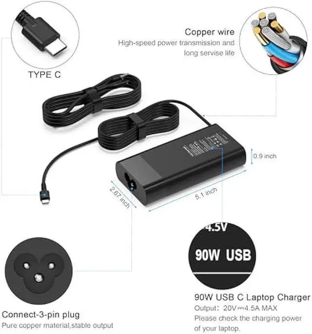 Alt view image 2 of 7 - New Slim 90W USB C Laptop Charger Compatible with HP Spectre x360 HP 904144-850 904082-003 adp-90fe 2ln85aa TPN-DA08 L45440-003 EliteBook 1040 G4 Hp 90w USB-c Type C AC Adapter Power Supply Cord