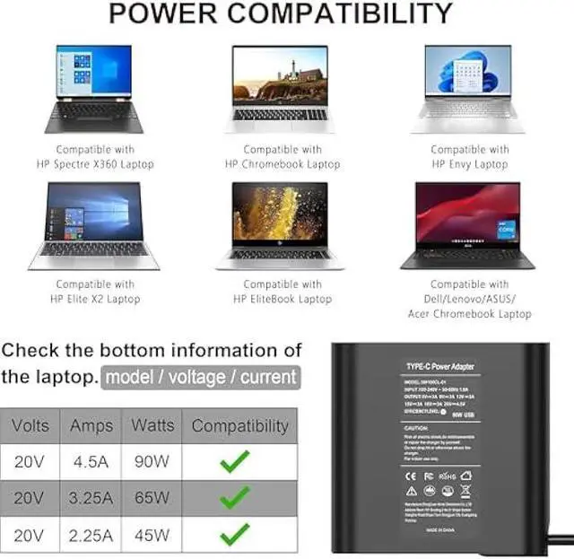Alt view image 3 of 7 - New Slim 90W USB C Laptop Charger Compatible with HP Spectre x360 HP 904144-850 904082-003 adp-90fe 2ln85aa TPN-DA08 L45440-003 EliteBook 1040 G4 Hp 90w USB-c Type C AC Adapter Power Supply Cord