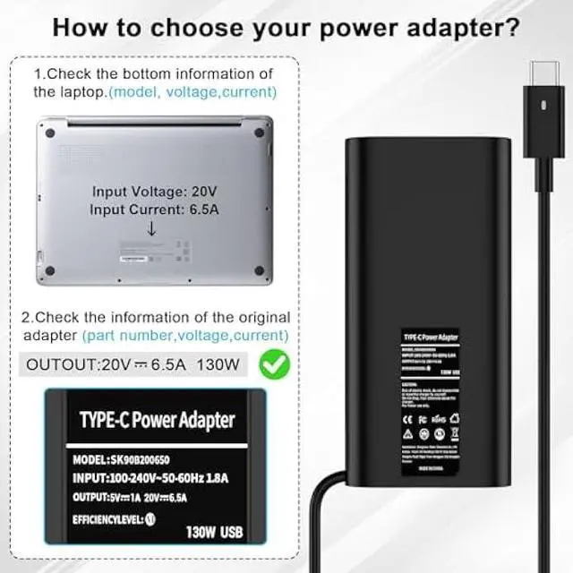 Alt view image 2 of 6 - Replacement for Dell 130W Laptop Charger USB C Slim AC Adapter for Dell XPS 15 17 9575 9500 9520 9700 Precision 5530 5550 5560 5570 3560 2in1 Latitude 9410 9510 Type C AC Power Cord