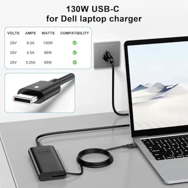 Alt view image 3 of 6 - Replacement for Dell 130W Laptop Charger USB C Slim AC Adapter for Dell XPS 15 17 9575 9500 9520 9700 Precision 5530 5550 5560 5570 3560 2in1 Latitude 9410 9510 Type C AC Power Cord