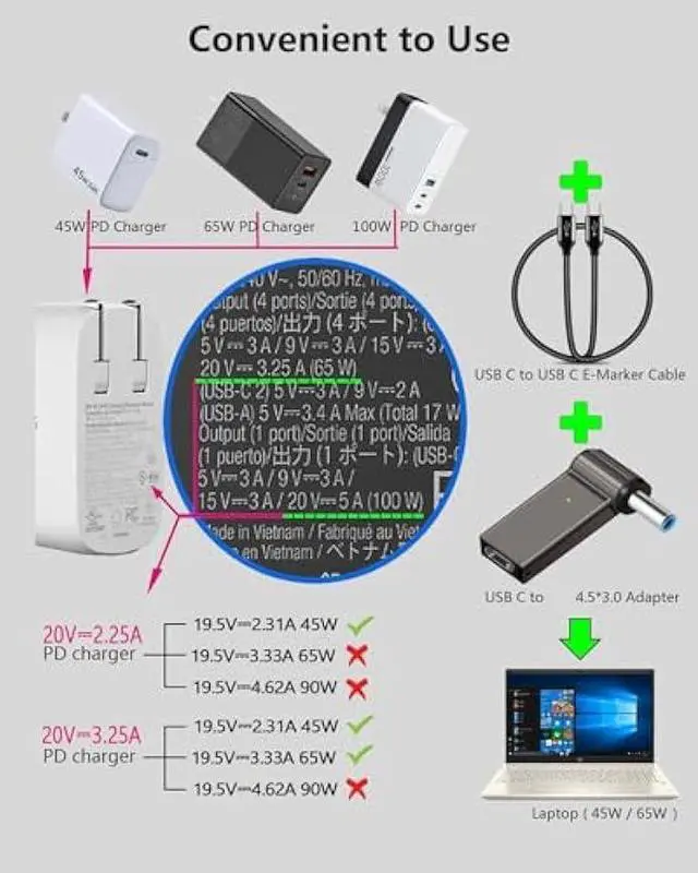 Alt view image 4 of 6 - USB C to Slim Laptop 100W PD Power Charger 4.5mm Connector Tip Fit for All 65W/45W Dell laptops with Round Power Connector, Including Inspiron 13 14 15,3000 5000 7000 Series, XPS, Vostro Series Cable