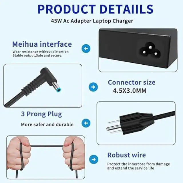 Alt view image 5 of 5 - 45W 19.5V 2.31A 741727-001 L25296-002/001 Laptop Charger Fit for HP 740015-002 L25296-003 213349-009 740015-001 Pavilion 13 14 15 Envy X360 15 Notebook PC Series Blue Tip Adapter Power Cord