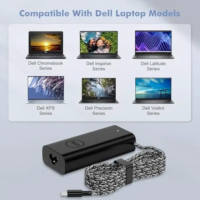 Alt view image 2 of 6 - Replacement for Dell 65W Laptop Charger USB C 45 Watt- Slim AC Adapter Latitude 5420 5550 7420 5520 5540 5450, XPS 13, Chromebook 3100, Type C Computer Power Cord Braided LED - Travel Back up