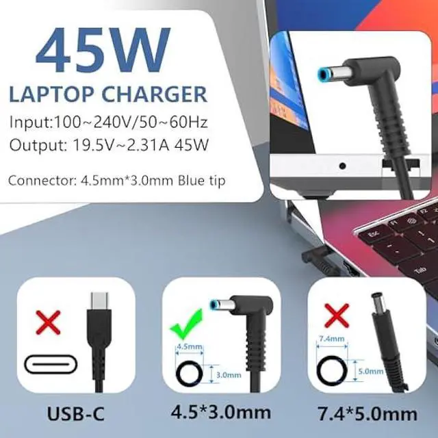 Alt view image 4 of 5 - 45W 19.5V 2.31A 741727-001 L25296-002/001 Laptop Charger Fit for HP 740015-002 L25296-003 213349-009 740015-001 Pavilion 13 14 15 Envy X360 15 Notebook PC Series Blue Tip Adapter Power Cord