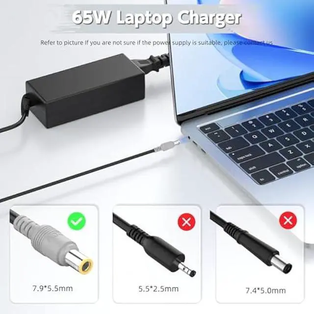 Alt view image 2 of 7 - 65W Charger Compatible with Lenovo Thinkpad T400 T410 T420 T420S T430 T430s T430u T500 T510 T520 T530; X120e X130e X131e X140e X200 X201 X220 X220T X230; E520 E530 E535 SL500 SL510 Power Supply Cord