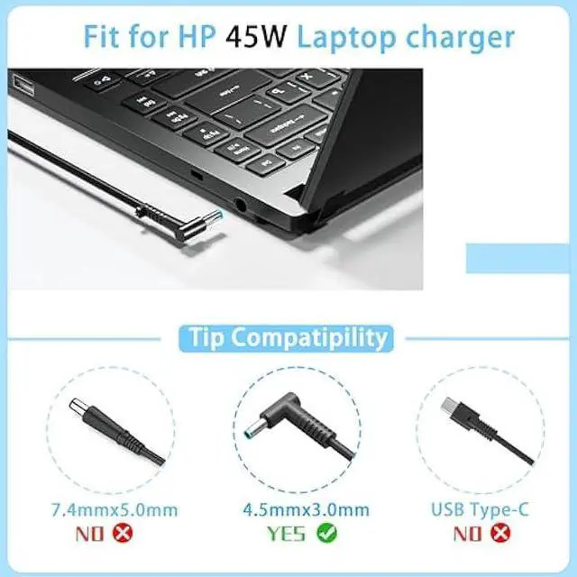 Alt view image 2 of 5 - 45W 19.5V 2.31A TPN-LA15 Charger Fit for HP Notebook Stream 11 13 14 Pavilion Envy X360 TPN-CA14 r-41013153 L25296-001 L25296-002 L25296-003 741727-001 213349-109 Smart Blue tip Laptop Power Adapter