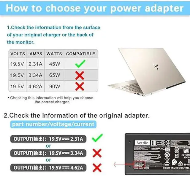 Alt view image 3 of 5 - 45W 19.5V 2.31A TPN-LA15 Charger Fit for HP Notebook Stream 11 13 14 Pavilion Envy X360 TPN-CA14 r-41013153 L25296-001 L25296-002 L25296-003 741727-001 213349-109 Smart Blue tip Laptop Power Adapter
