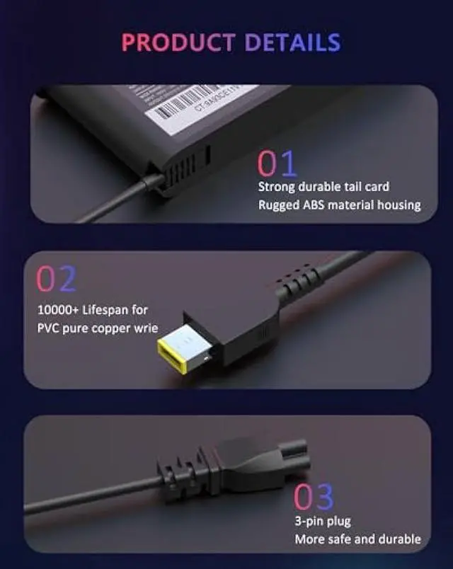 Alt view image 6 of 7 - New Slim 135W Charger Compatible with Lenovo ThinkPad P1, X1 Extreme, P15v T440P T470P W540, Ideapad L340 Gaming 3, Ideapad Yoga Y50 Y50p Y700, Legion Y50 Y520 Y530 Y7000P Power Adapter