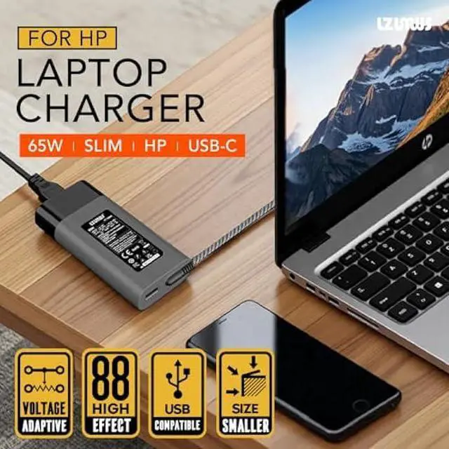 Alt view image 5 of 6 - New Slim 65W USB C Charger for HP Laptop Compatible with EliteBook/Envy x360/Pavilion/ProBook/Chromebook/Elite x2 20V 3.25A AC Adapter Replacement Power Cord