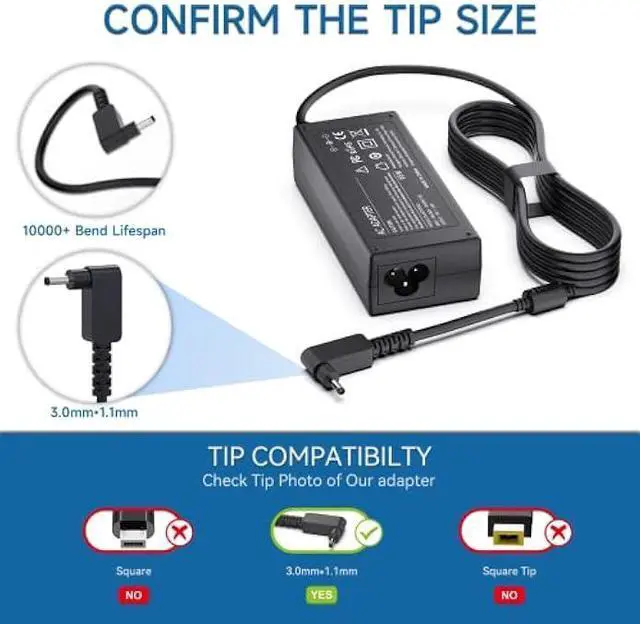 Alt view image 5 of 5 - 65W Laptop Charger Compatible with Acer Chromebook N15Q9 N15Q8 & Aspire 5 Series - Replacement Power Cord (3.0mm*1.1mm)