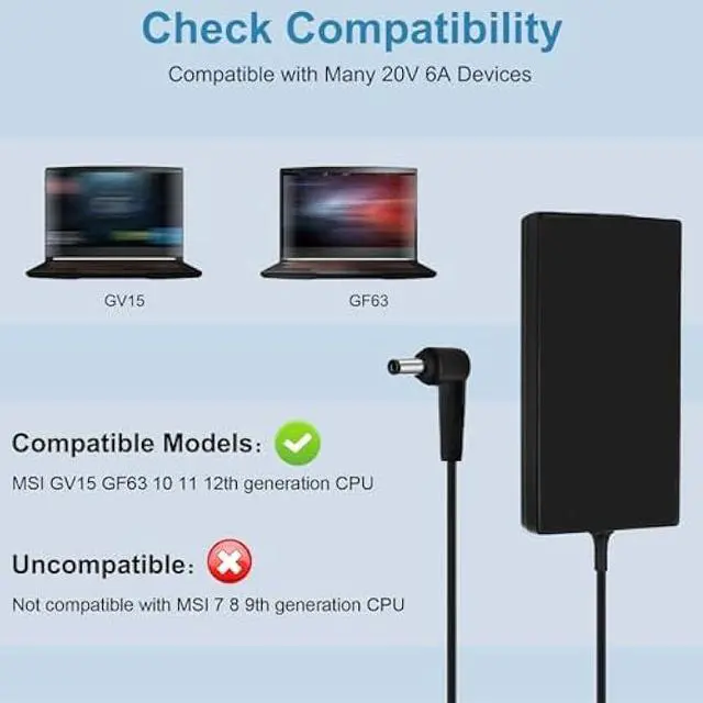 Alt view image 5 of 7 - 120W Charger Compatible with msi gf63 gv15 GV15-Thin-11SC GF63 Thin 10 11 12Th Intel core Laptop ms-16r5 ms-16r6 ms-16r7 adp-120vh d a17-120p2a 4.4 * 3.0mm Connector