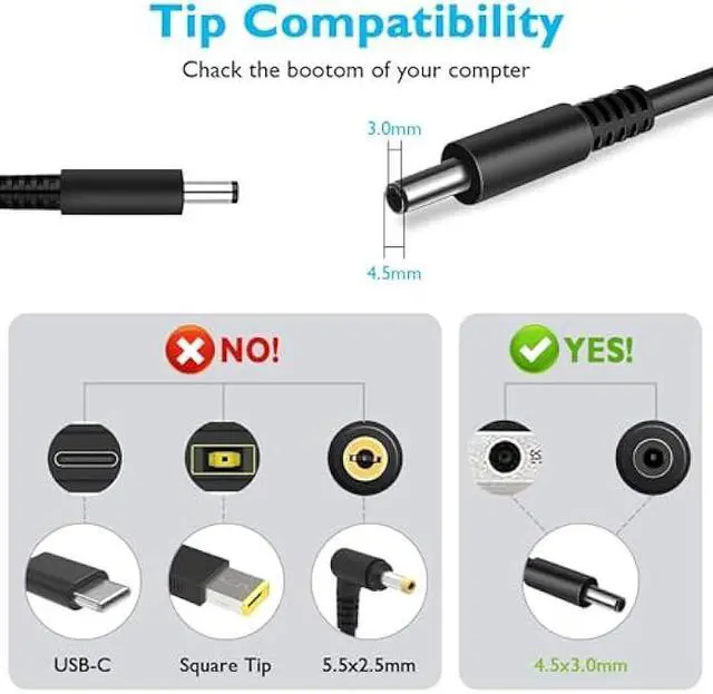 Alt view image 2 of 7 - 45W AC Adapter Laptop Charger Compatible with Dell Inspiron 15 3000 5000 7000 14-5000 13-7000, Inspiron 15-3552 3555 3558 5559 5565 Charger, P58F P51F P25T P24T Laptop Power Cord