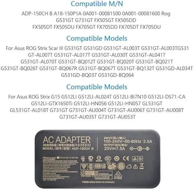 Alt view image 4 of 6 - 150W 20V 7.5A AC Adapter Charger for Asus ADP-150CH B A18-150P1A Rog G531GT G731GT FX505GT FX505DD FX505DT FX505DU FX705GT FX705DD FX705DT FX705DU with Power Cord