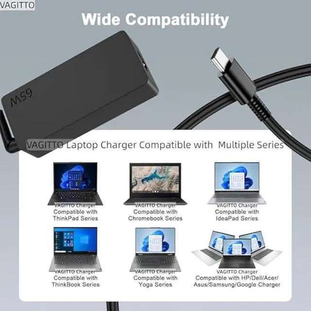 Alt view image 3 of 7 - 65W USB C Laptop Charger Compatible with Lenovo ThinkPad T14 T15 T16 T480 T490, X1 Yoga/Carbon, Chromebook C330 S330 100e 300e 500e, Yoga 7i 9i, 45W Type C Power Adapter ADLX65YDC2A