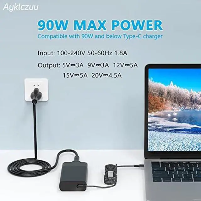 Alt view image 4 of 7 - New Slim 90W USB C Laptop Charger for HP Spectre x360,EliteBook 1040 G4,HP 904082-003 ADP-90FE TPN-DA08 2LN85AA 2LN85AA#ABA 904144-850 L45440-003 Fast Charging Type C Travel Laptop Power Adapter