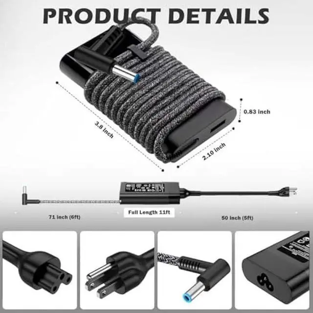 Alt view image 2 of 5 - New Slim 65W Laptop Charger Compatible with HP Envy x360/ EliteBook/Pavilion/Chromebook Charger Blue Tip AC Adapter (4.5mm) | 45W/65W HP Compatible Computer Fast Charging Power Supply Cord