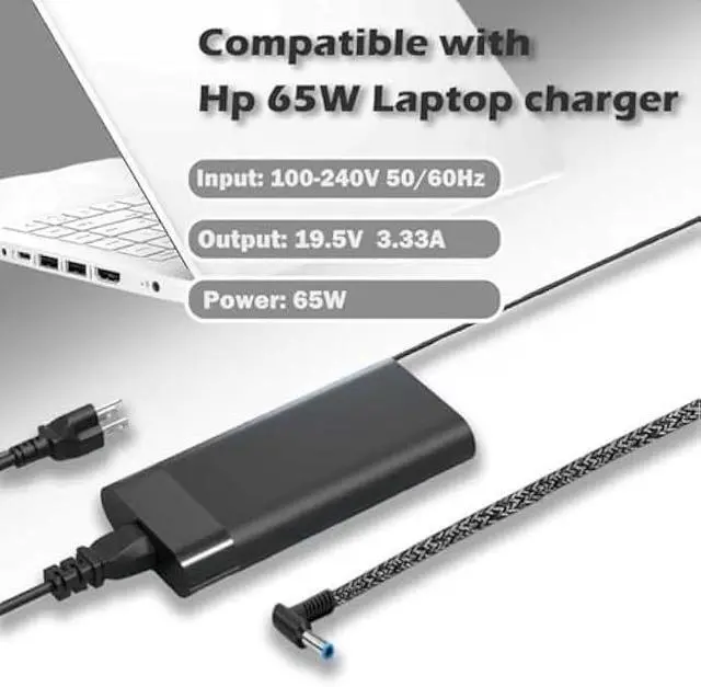 Alt view image 3 of 5 - New Slim 65W Laptop Charger Compatible with HP Envy x360/ EliteBook/Pavilion/Chromebook Charger Blue Tip AC Adapter (4.5mm) | 45W/65W HP Compatible Computer Fast Charging Power Supply Cord