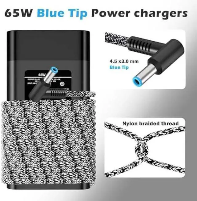 Alt view image 5 of 5 - New Slim 65W Laptop Charger Compatible with HP Envy x360/ EliteBook/Pavilion/Chromebook Charger Blue Tip AC Adapter (4.5mm) | 45W/65W HP Compatible Computer Fast Charging Power Supply Cord