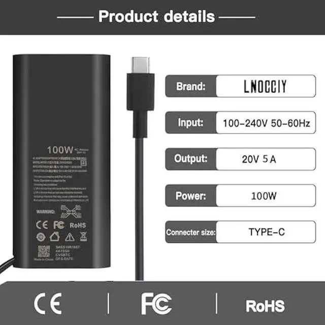 Alt view image 2 of 7 - New GAN Slim AC Adapter,100W USB C Laptop Charger for DELL Latitude 5540 5440 5340 7440 Inspiron 14 Power Cord,for Dell 100W Laptop Charger