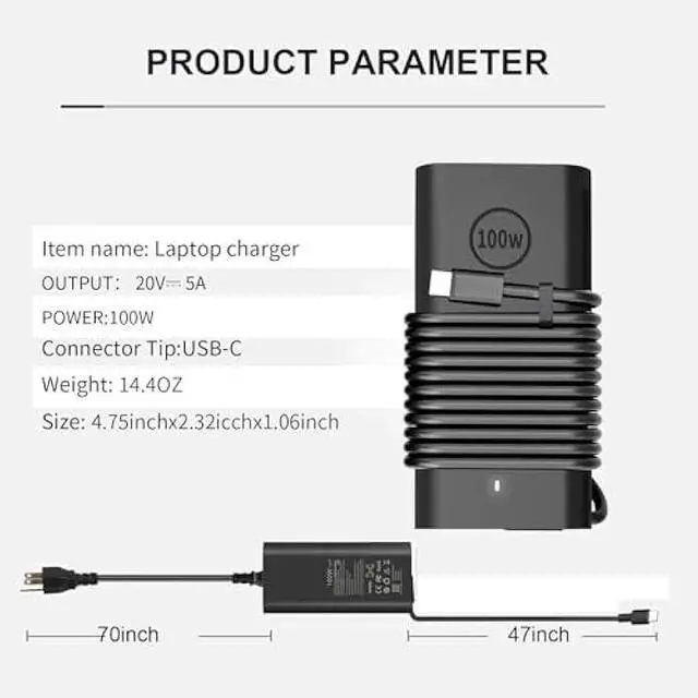 Alt view image 3 of 7 - New GAN Slim AC Adapter,100W USB C Laptop Charger for DELL Latitude 5540 5440 5340 7440 Inspiron 14 Power Cord,for Dell 100W Laptop Charger