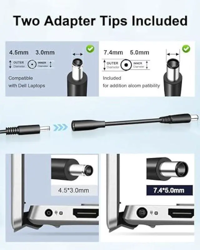 Alt view image 4 of 6 - 65W 4.5x3.0mm Charger for Dell inspiron 13 14 15 17 3000 5000 7000 2-in-1 Laptop 5559 5558 5555 3520 OptiPlex 3000 3020 3040 Micro Charger with Replaceable Tips 7.4x5.0mm