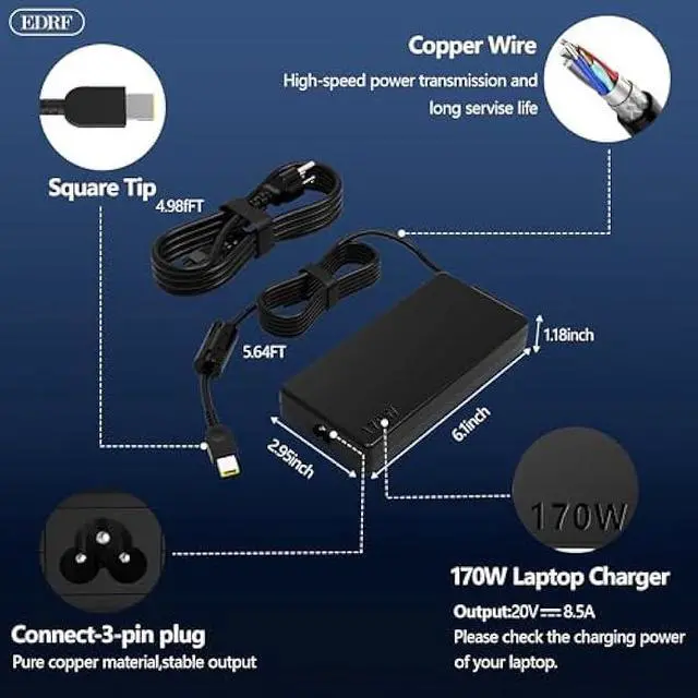 Alt view image 3 of 5 - New 170W Laptop Charger Compatible with Lenovo Legion Slim 5 5P S7 5i, Yoga Pro7, IdeaPad Pro 5, Thinkpad X1 Extreme P50 P51 P52 P53 P70 P71 P73 P16 P15 T15g AIO 7 LOQ-15/16 Laptop ADL170SCC3A