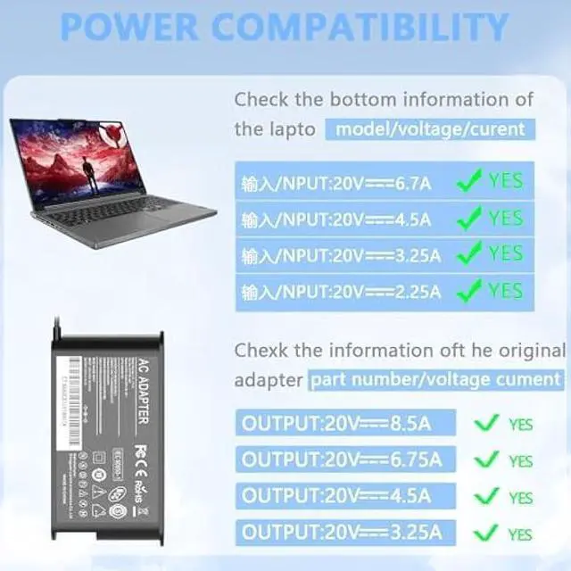 Alt view image 3 of 5 - 170W Laptop Charger Compatible with Lenovo Thinkpad Gen 6 5 4 3 2 1,P50 P51 P52 P53 P70 P71 P73 W541 W540 T15g T15p P16v P15v P15 P15g P16 P17 P1 X1,Legion Slim 5 S7 LOQ Adapter