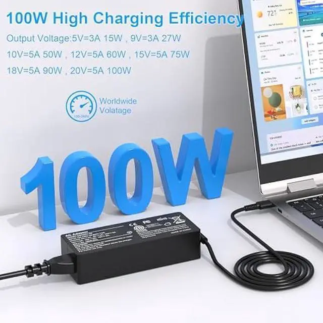 Alt view image 2 of 7 - USB C Laptop Charger 100W USB C Charger Universal Fast Charger Compatible with Lenovo MacBook Pro, MacBook Air,HP,Asus,Acer,MSI,Dell Type C AC Adapters Compatible with 90W 65W 45W PD 3.0 Power Cord