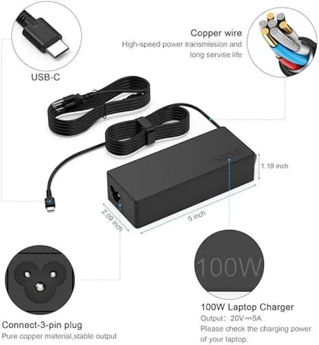 Alt view image 3 of 7 - USB C Laptop Charger 100W USB C Charger Universal Fast Charger Compatible with Lenovo MacBook Pro, MacBook Air,HP,Asus,Acer,MSI,Dell Type C AC Adapters Compatible with 90W 65W 45W PD 3.0 Power Cord