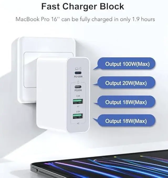 Alt view image 2 of 5 - USB C Wall Charger Block, 140W GaN 4-Port Fast Charger Charging Station Hub,100W Laptop Adapter for MacBook Pro/Air, iPad Pro, Galaxy S23, Dell XPS 13, Note 20/10+, iPhone 17/Pro, Steam Deck, and More