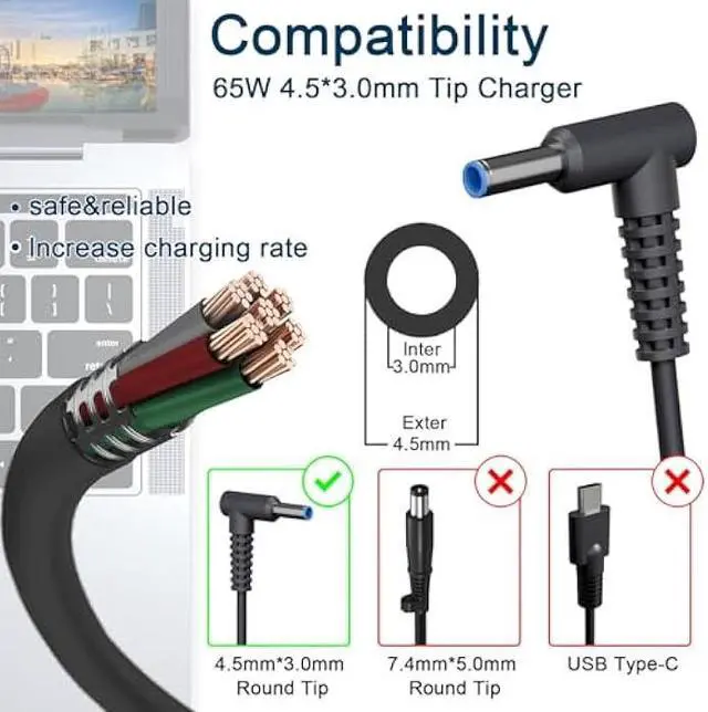 Alt view image 2 of 7 - 65W 45W AC Charger for HP Probook 450 440 445 455 430 470 X360 11 G10 G9 G8 G7 G6 Probook 650 640 G5 G4 G2 Elitebook 845 840 630 645 655 for HP 240 250 255 G8 G9 G10 Blue Tip Laptop Adapter Power Cord