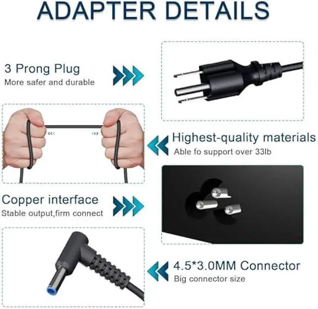Alt view image 5 of 7 - 65W 45W AC Charger for HP Probook 450 440 445 455 430 470 X360 11 G10 G9 G8 G7 G6 Probook 650 640 G5 G4 G2 Elitebook 845 840 630 645 655 for HP 240 250 255 G8 G9 G10 Blue Tip Laptop Adapter Power Cord