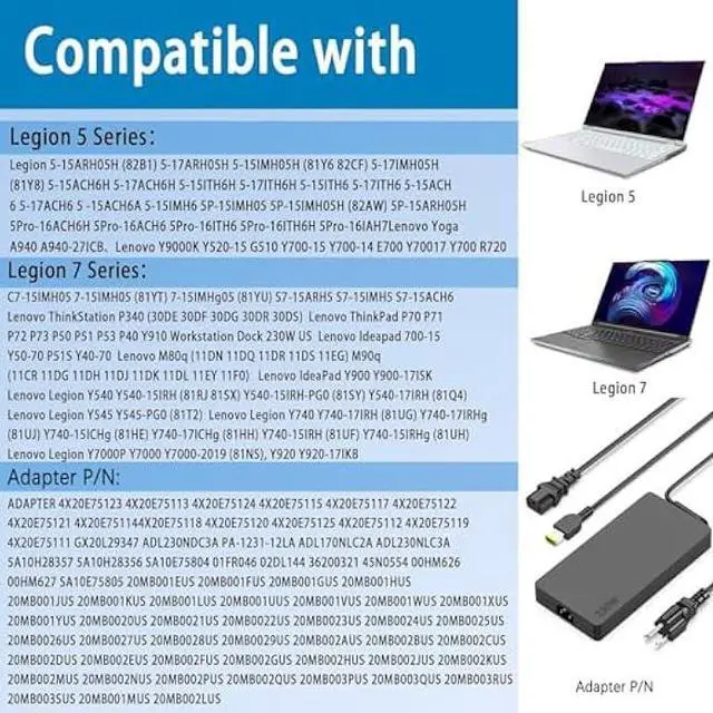 Alt view image 4 of 6 - New Legion 5 Charger,230W AC Adapter Compatible with Lenovo Legion 5 7 5P C7 S7 Y540 Y545 Y740 Y730 Y900 Y910 Y920 Y7000 Thinkpad P73 P53 P72 P52 P71 P51 P70 Laptop Power Adapter Supply