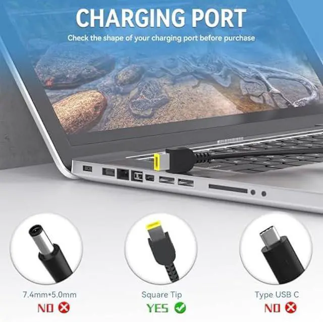 Alt view image 3 of 6 - 45W Laptop Charger Compatible with Lenovo X240 X250 T440 T450 L450 E450 Yoga 11 11S IdeaPad S21e G50 G40 Z50 Z50-70 Square Tip Laptop ADLX45NDC3A Power Supply Cord