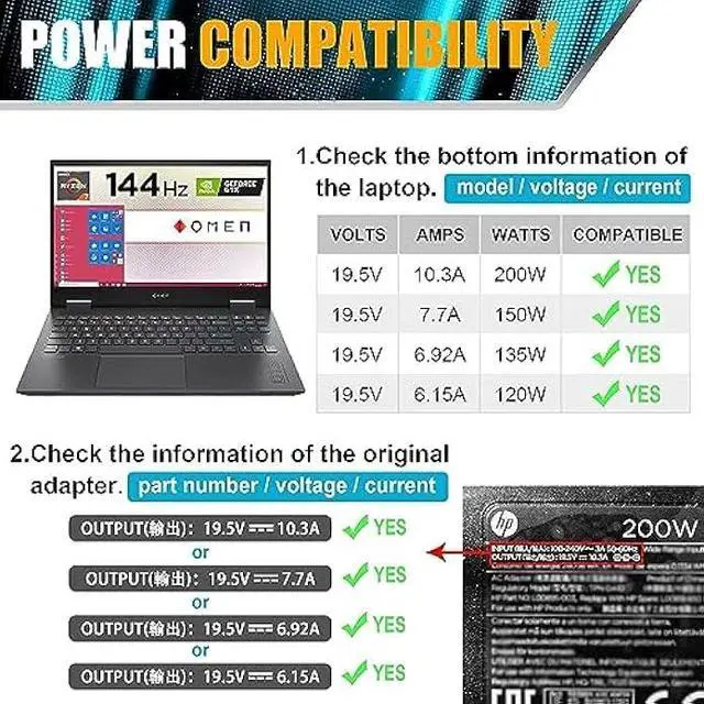 Alt view image 3 of 5 - MAX 200W AC Adapter Laptop Charger Compatible with HP OMEN Pavilion Gaming 15 17 Envy 15 2020 TPN-DA10 L00818-850 TPN-LA21 L73385-001 ADP-200HB B OMEN 15 15t 17 17t Power Supply Cord