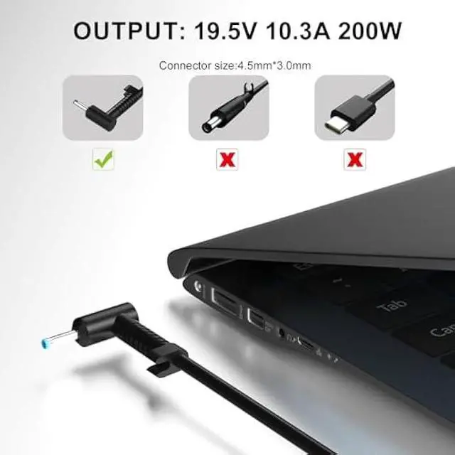 Alt view image 2 of 7 - 200W Laptop Charger Compatible for HP Victus Gaming 15 16, HP Omen Gaming 15 17, Pavilion 15 17 TPN-DA10 L00818-850 Power Supply Cord AC Adapter