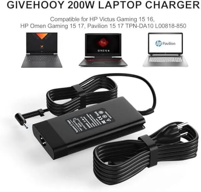 Alt view image 6 of 7 - 200W Laptop Charger Compatible for HP Victus Gaming 15 16, HP Omen Gaming 15 17, Pavilion 15 17 TPN-DA10 L00818-850 Power Supply Cord AC Adapter