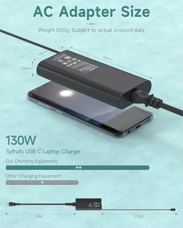 Alt view image 4 of 6 - Syfrufo 130W Charger Compatible with Dell USB C Laptop for XPS 15 17 9500, 9510, 9520, 9575, 9700, 9710, 9720; Fit for Latitude 5511, 5520, 5521, 5411, for Precision 5530, 3560, 5550 Type C Power Cord