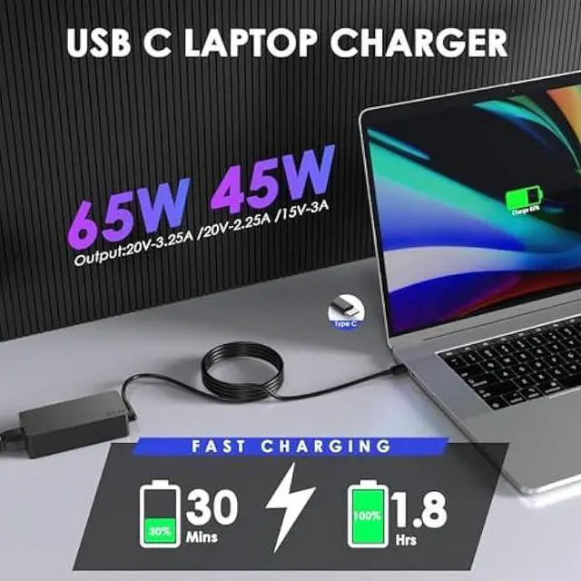 Alt view image 2 of 5 - 65W USB C Laptop Charger Compatible with Lenovo Yoga Charger Yoga 6 7 9 7i 9i 730 S730 S940 C630 C740 C930 C940, Thinkpad X1 Carbon gen 11 10 9 8 7 6 5 Power Adapter