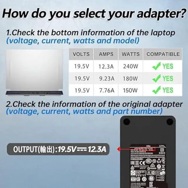 Alt view image 2 of 6 - 240W Gaming Laptop Charger Fit for Alienware 15 17 M15 M16 M17 M18X X51 R2 R3 R4 R5 R7 G3 G5 G7 15 5530 5535 5520 Fit for Precision M6800 M6700 M6400 J211H AC Adapter Power Supply