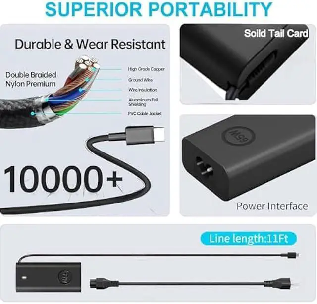 Alt view image 3 of 6 - New Slim 65W USB Type C Power Cord Compatible with Dell 14 Plus 13 16 Pro PB16250 PB14250 2 in1 Premium PA13250 PA14250 P192G P191G P200G P199G, Inspiron 14 16 2in1 7420 7620 Computer AC Adapter